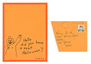 PATTI SMITH (1946- ) Halloween card with two small ink drawings and Autograph Note. Signed, Patti, to her sister Kimberly (Dear Kim